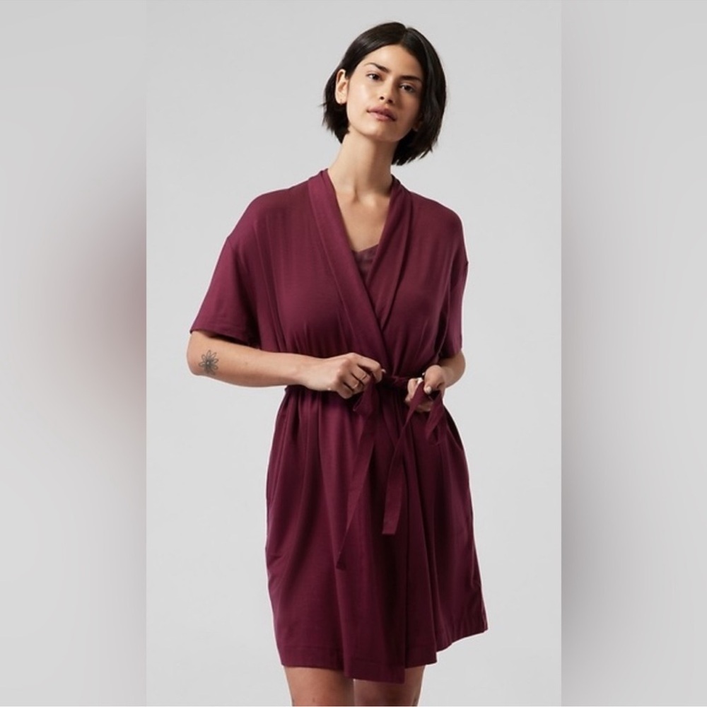 Athleta Nighttime Bliss Short Sleeve Pajamas Robe Berry Maroon Burgundy XS NWT